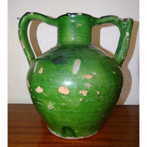  ORJOL ou GARGOULETTE Ancienne, Terre cuite vernissée Verte, Cruche, sud de la france, XIXème