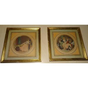 2 Gravures du XIXème, G.Schlumberger, Fragonard, cadres doré