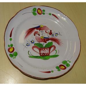 Plate From Islettes - Decorated With 2 Roosters And A Basket - 19th Century
