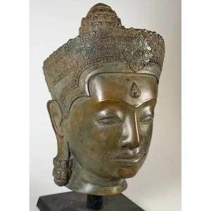 Vishnu Buddha Head In Bronze, Khmer, Cambodia, 40 Cm