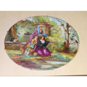 Plaque en faience de longwy peinte a decor de parc animé