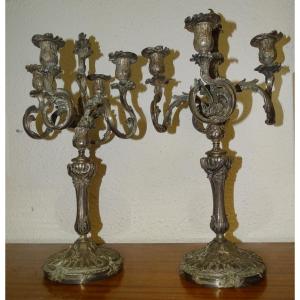 Pair Of Candelabras, 5-light Candelabra In Silver-plated Metal, 19th Century