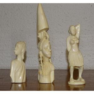 Set Of 3 African Ivory Sculptures, Colonial Era