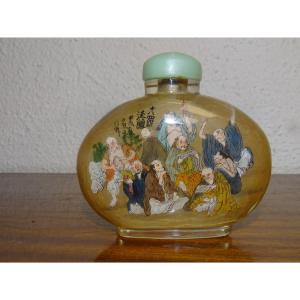 Tabatière chinoise ancienne en verre peint à l'envers, bouchon en jade, signée