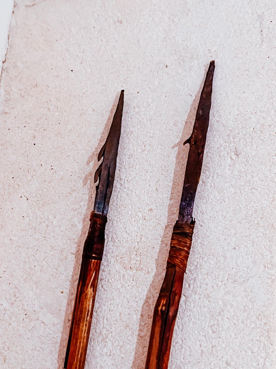 Paire De Flèches Anciennes XIXème Océanie Métal Et Bambou-photo-6