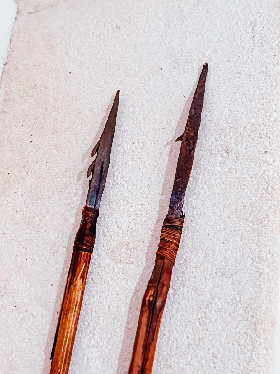 Paire De Flèches Anciennes XIXème Océanie Métal Et Bambou-photo-7