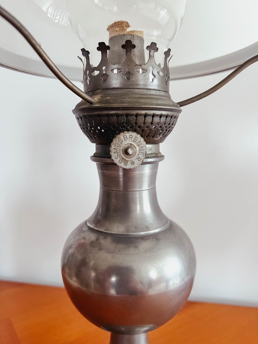 Proantic Kosmos Brenner Pewter Oil Lamp With White Opaline Globe