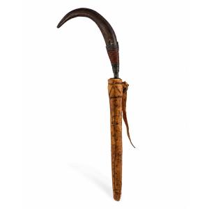Couteau tribal africain ancien – lame gravée + fourreau cuir