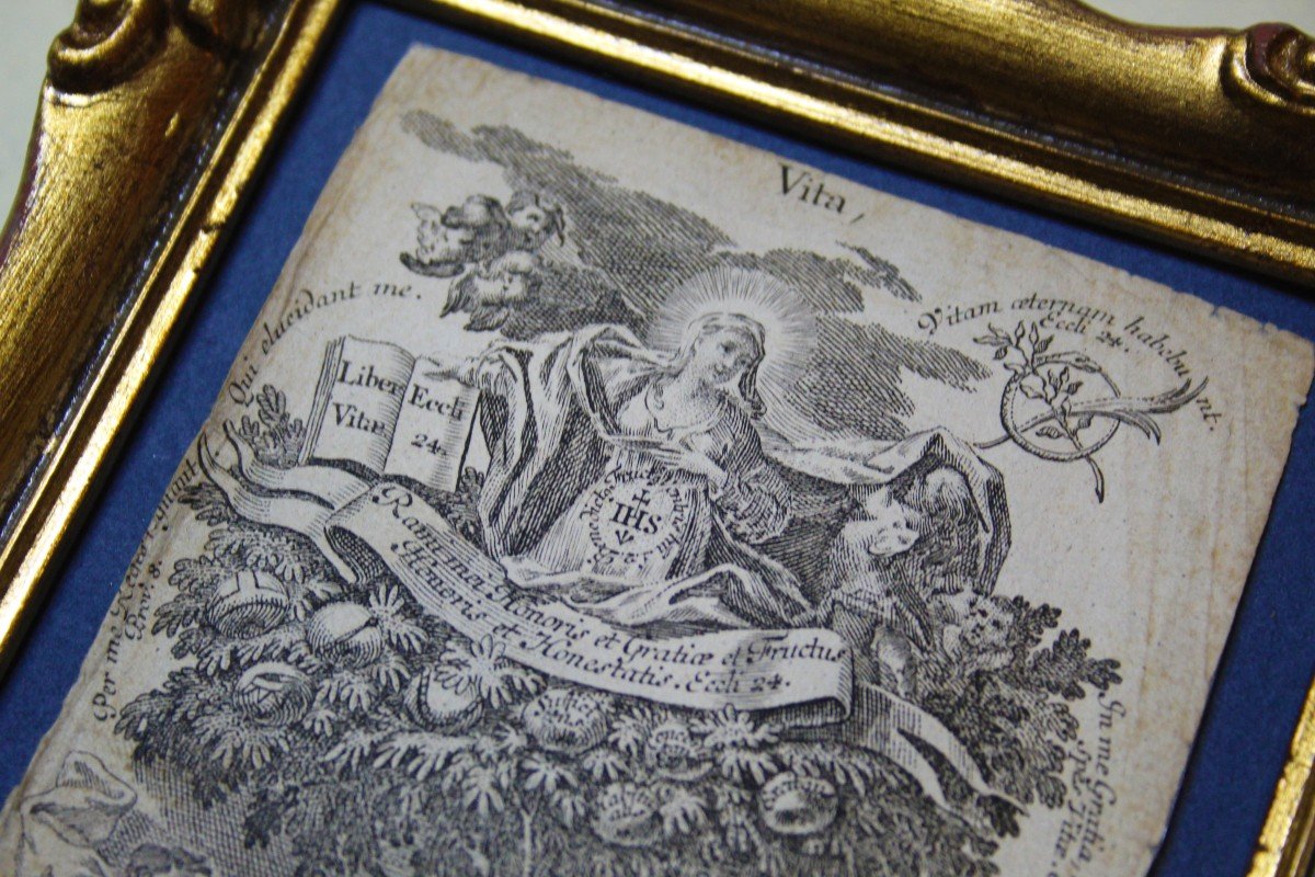 Original Antique Print With Golden Frame, Engraving Fragment, 18th Century-photo-3