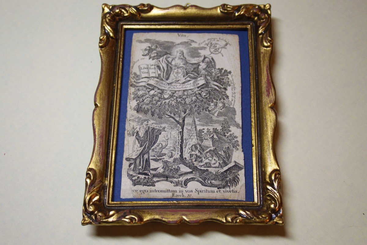 Original Antique Print With Golden Frame, Engraving Fragment, 18th Century-photo-4