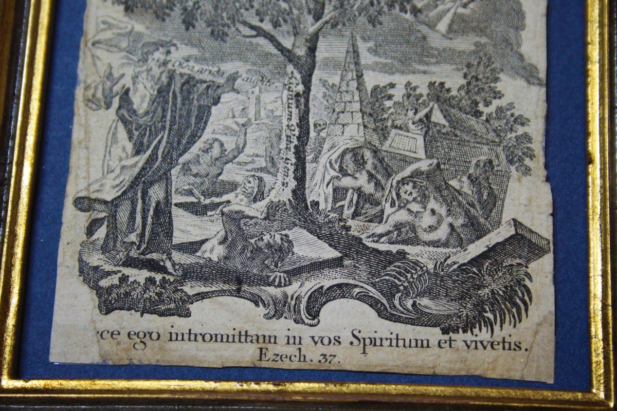Original Antique Print With Golden Frame, Engraving Fragment, 18th Century-photo-1