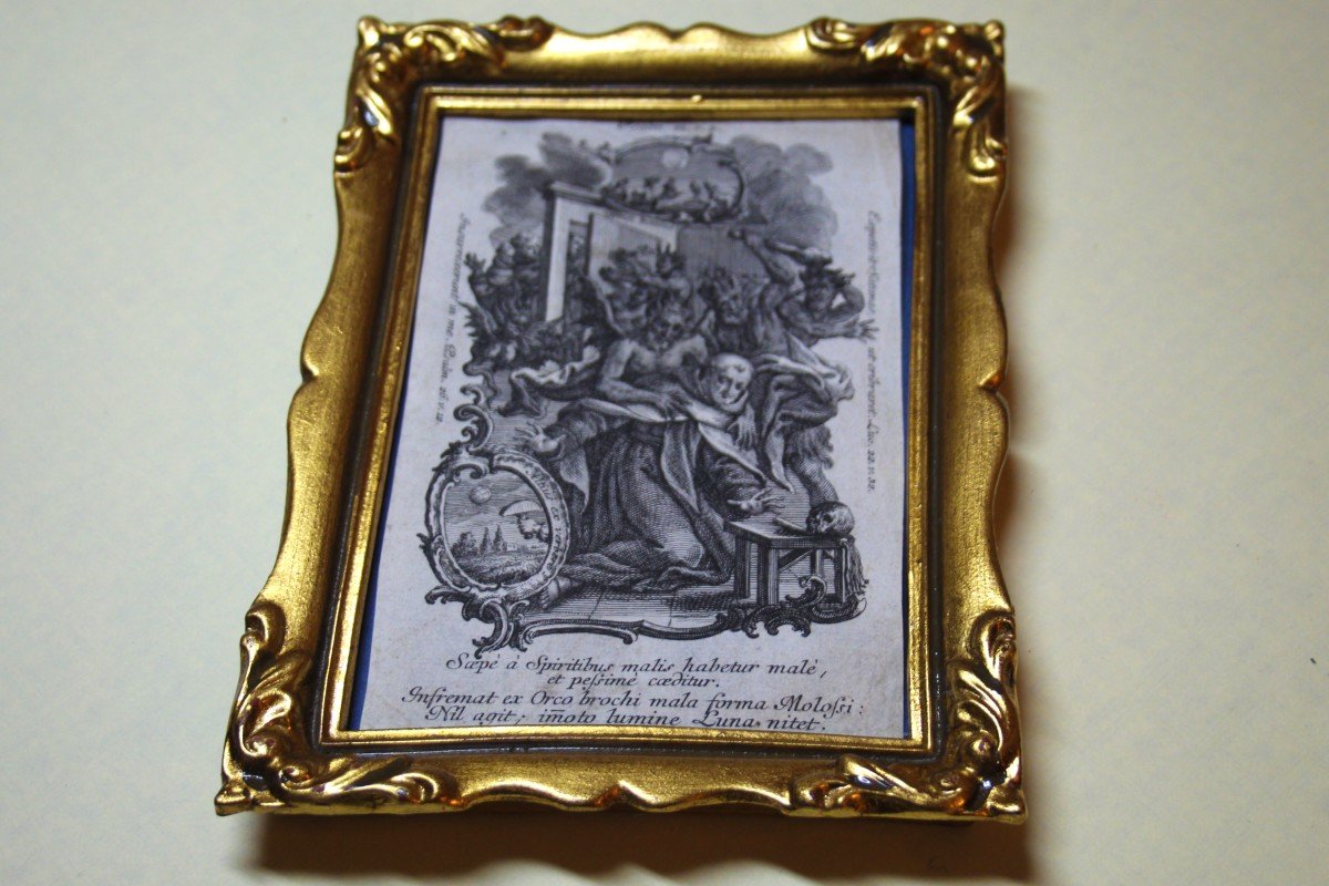 Estamp Ancienne Originale Avec Cadre Doré, Fragment De Gravure, XVIIIe Siècle-photo-4