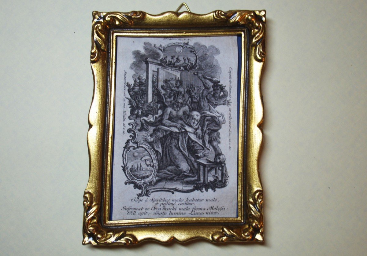 Estamp Ancienne Originale Avec Cadre Doré, Fragment De Gravure, XVIIIe Siècle