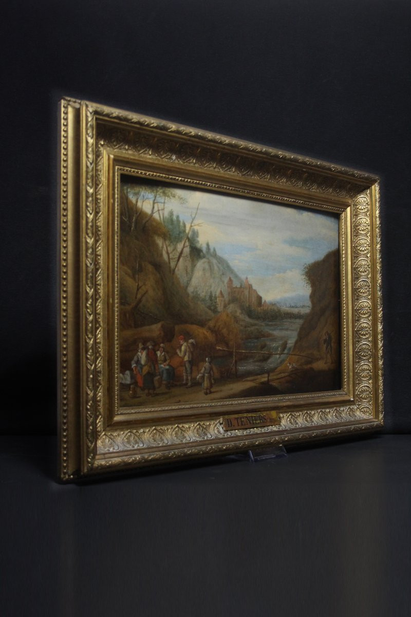 École flamande, paysage fluvial avec châteaux et voyageurs-photo-2