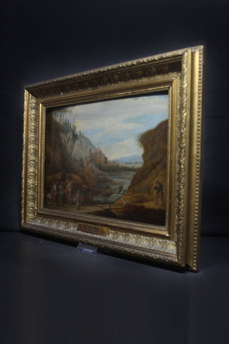 École flamande, paysage fluvial avec châteaux et voyageurs-photo-3