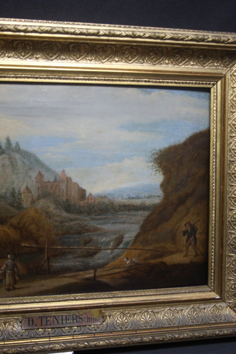 École flamande, paysage fluvial avec châteaux et voyageurs-photo-3