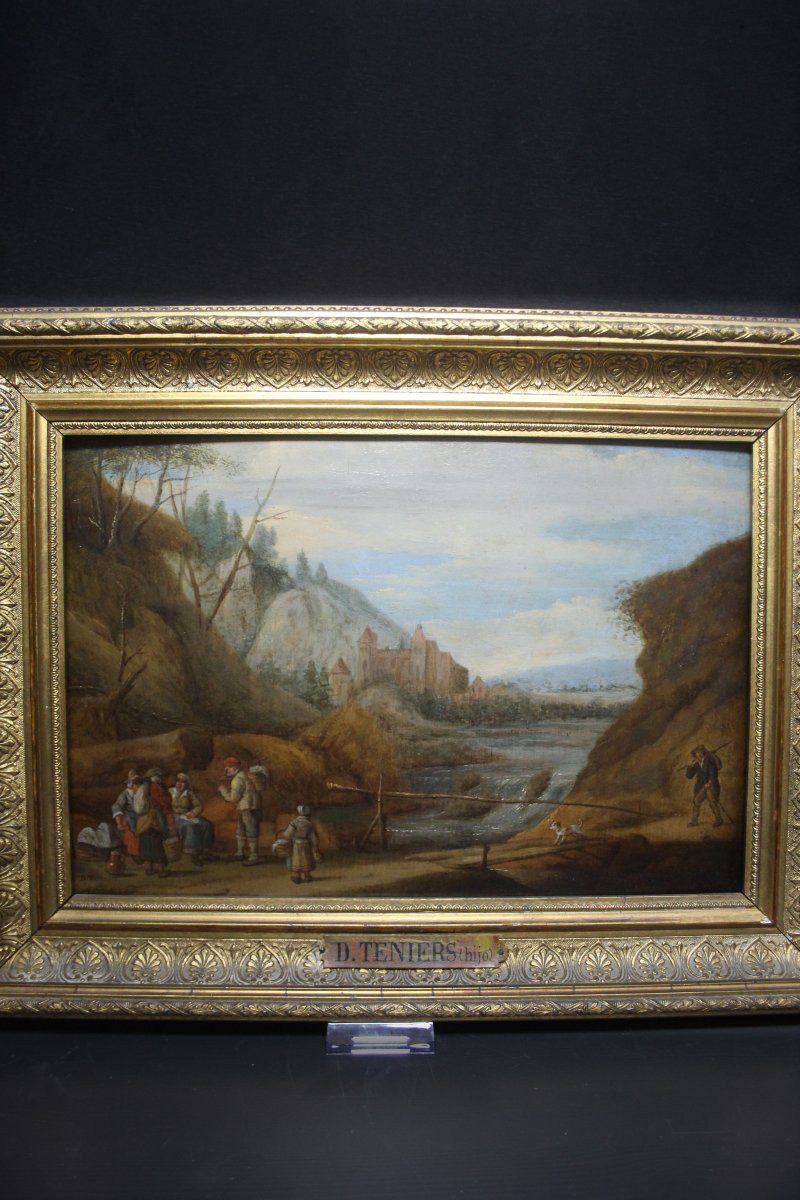École flamande, paysage fluvial avec châteaux et voyageurs-photo-4