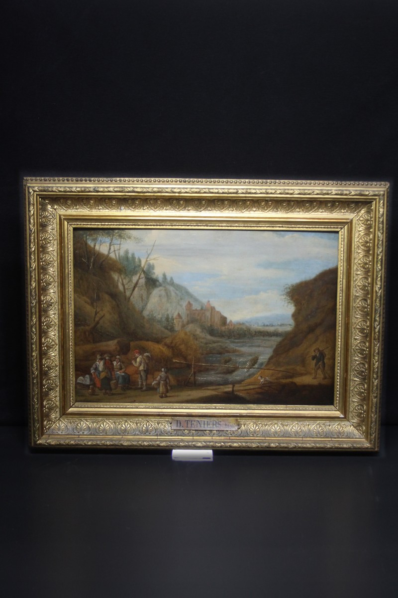École flamande, paysage fluvial avec châteaux et voyageurs
