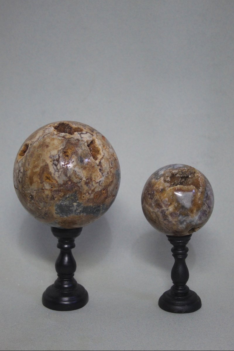 Paire de sphères en quartz, agate et améthyste sur socles personnalisés-photo-5