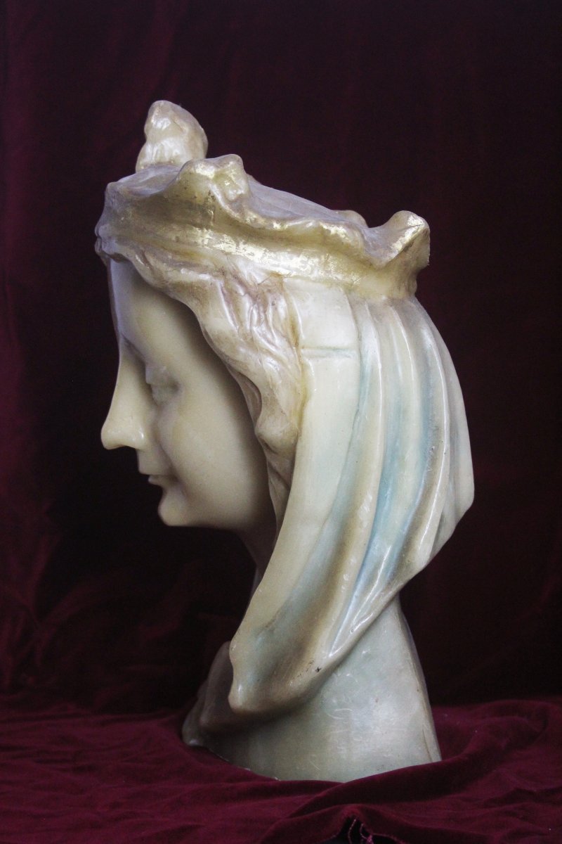 Bust Of The Crowned Virgin Mary In Beeswax – France, Early 19th Century-photo-3