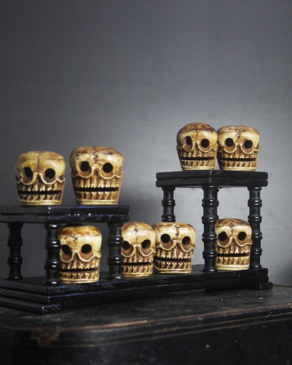 Set Of 8 Tibetan Ritual Skulls Carved From Bone-photo-2