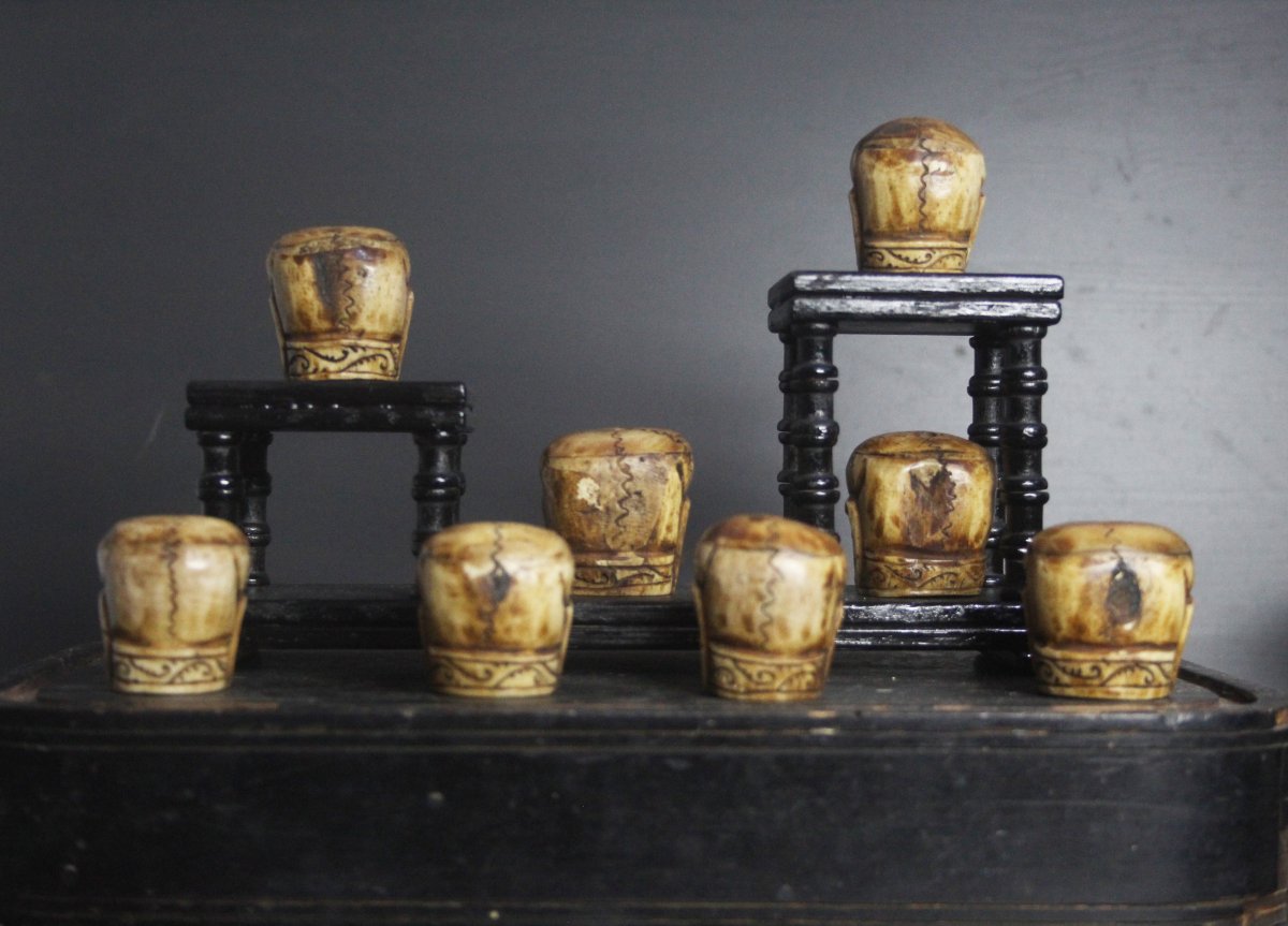 Set Of 8 Tibetan Ritual Skulls Carved From Bone-photo-3