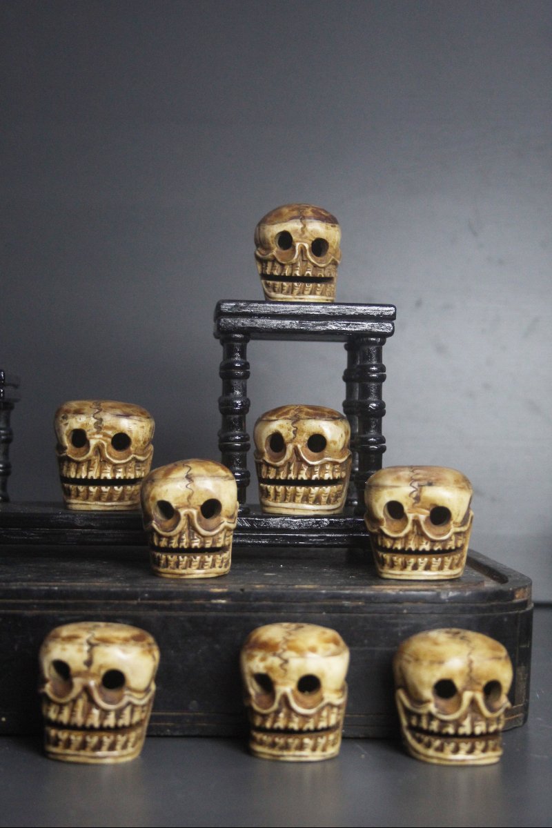 Set Of 8 Tibetan Ritual Skulls Carved From Bone