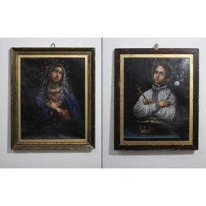 Peinture Recto-verso De La Vierge Et De Saint Louis Gonzague, école Tchèque, XVIIIe Siècle Env.