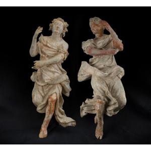 Pair Of Wooden Angels, 17th Century