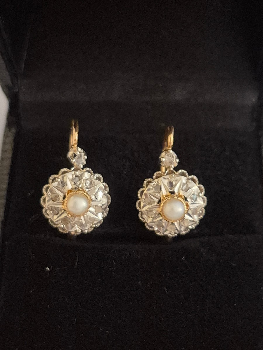 Pendants d'oreilles or-platine- perle- diamants