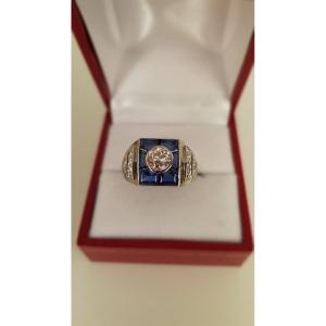 Platinum-diamond-sapphire Art Deco Ring