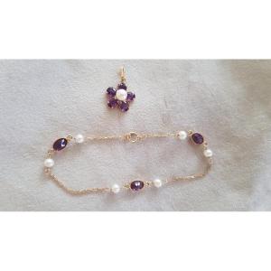 Parure Bracelet-pendentif Or-améthystes-perles