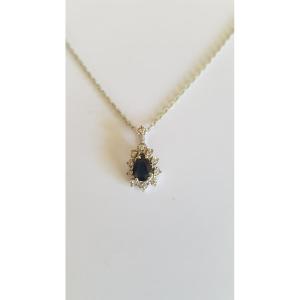 Chaîne-pendentif: or- saphir-diamants