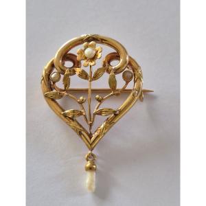 Art Nouveau Gold And Pearl Brooch