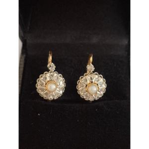 Pendants d'oreilles or-platine- perle- diamants