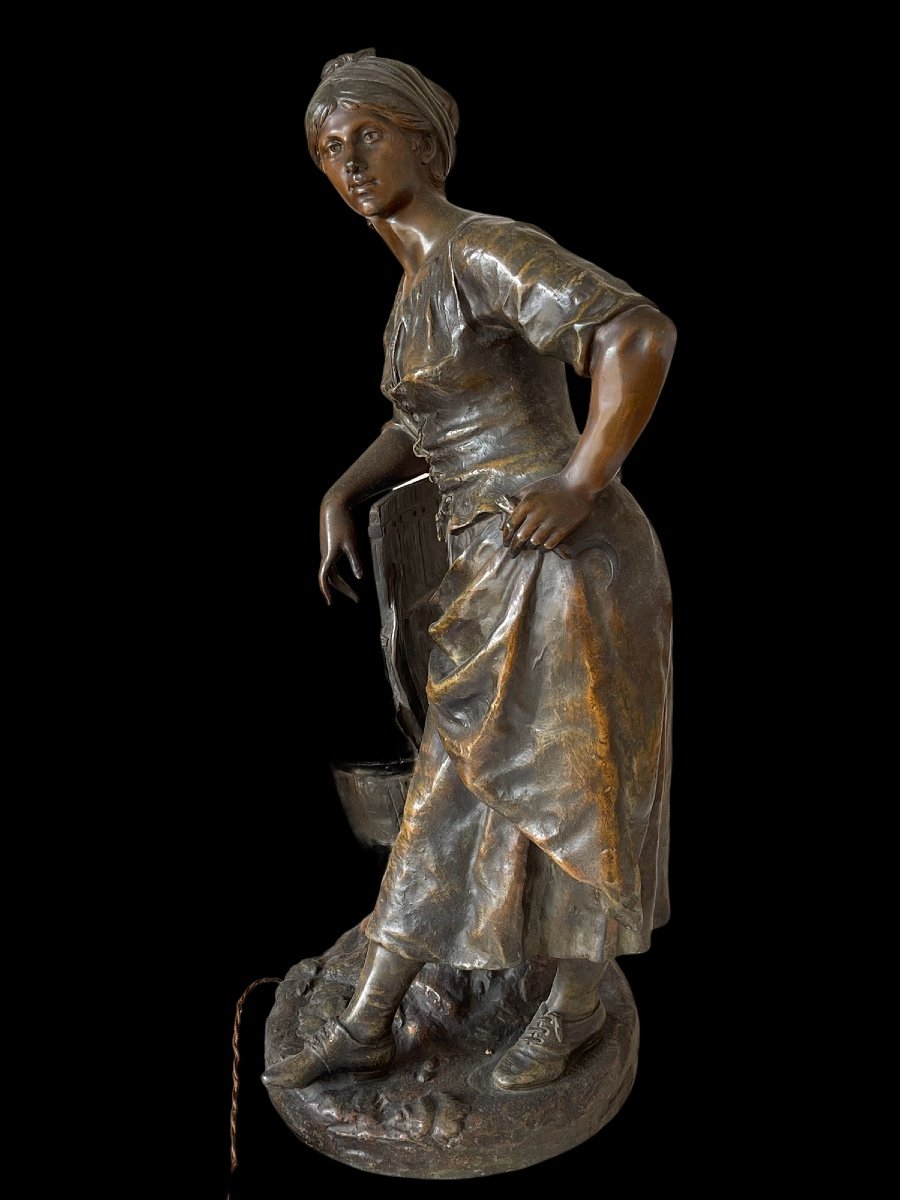 Sculpture En Métal Charles Lévy Patine Bronze Lampe Rare-photo-5