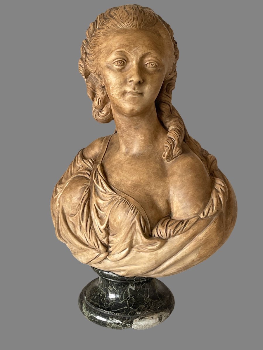 19th C. French Glazed Terracotta Bust of Countess Du Barry After Augustin Pajou