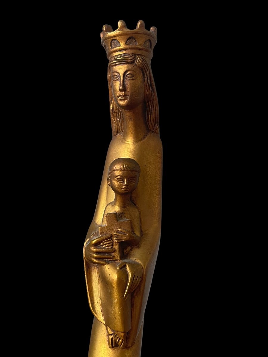 François Brochet Sculpture Vierge à L’enfant Maternité En Bronze doré art déco -photo-2