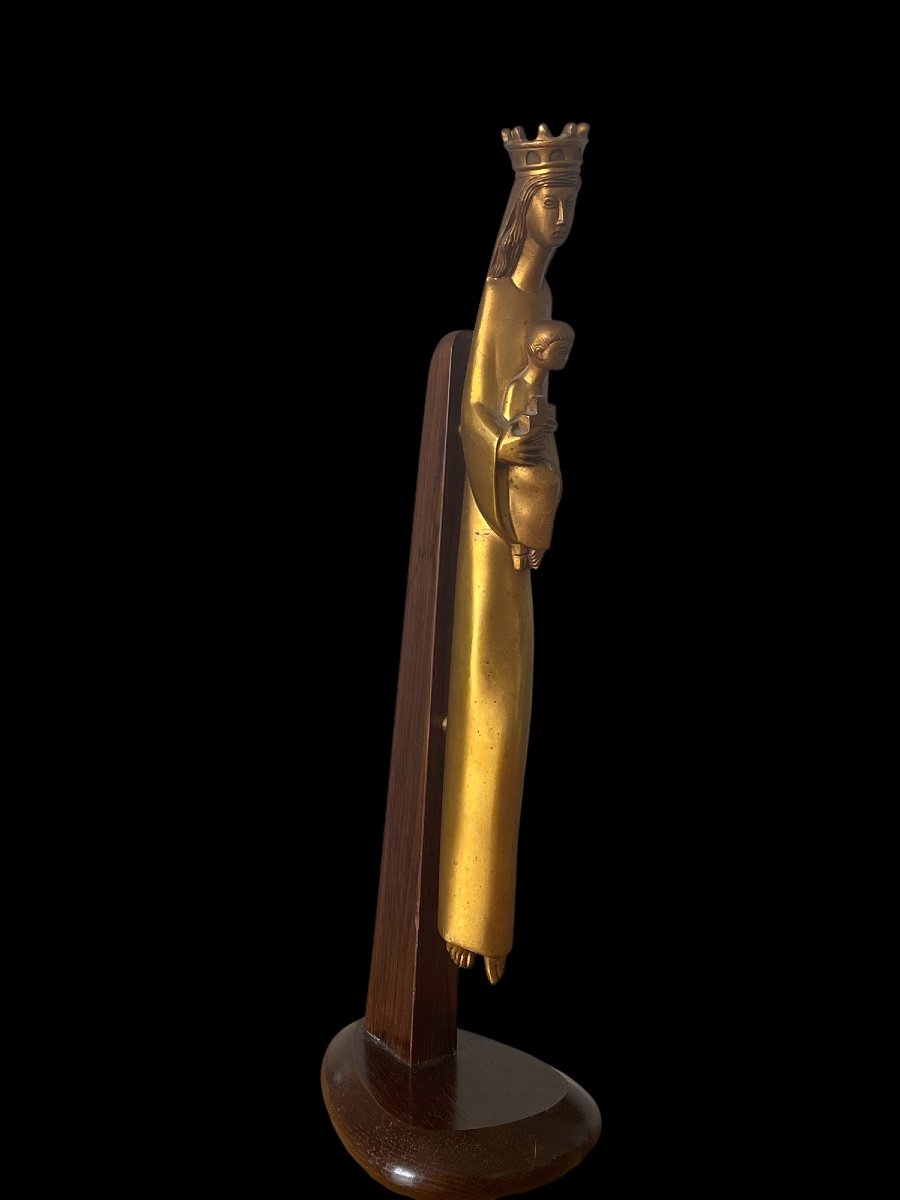 François Brochet Sculpture Vierge à L’enfant Maternité En Bronze doré art déco -photo-4