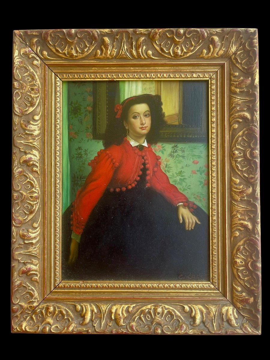 Huile Sur Panneau Signée Gisbert Portrait de mademoiselle L.L d’après James Tissot 