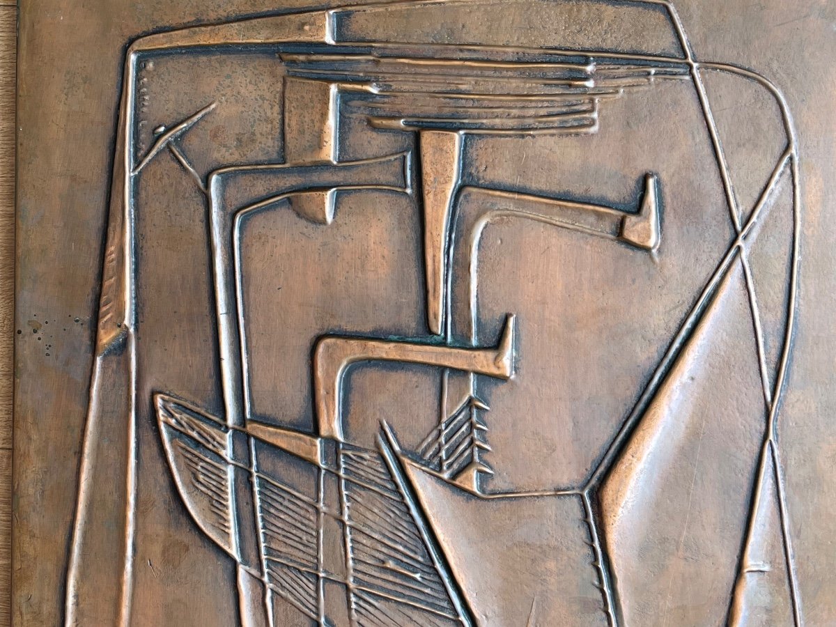 Repoussé Copper Plate Panel By André Bizette Lindet Sculptor In Marine Bas Relief-photo-4