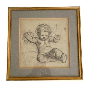 Dessin XVIII Enfant Nu Au Tambourin Drawing Of  A Naked Child Amour Ange Putti
