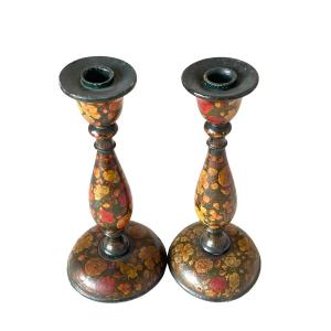 India Pair Of Kashmiri Candlesticks Lamp Bases In Turned And Lacquered Wood 