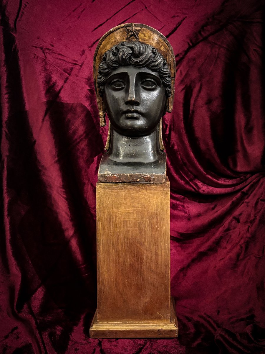 Tête en bois sculpté peint et doré d’époque Empire-photo-2