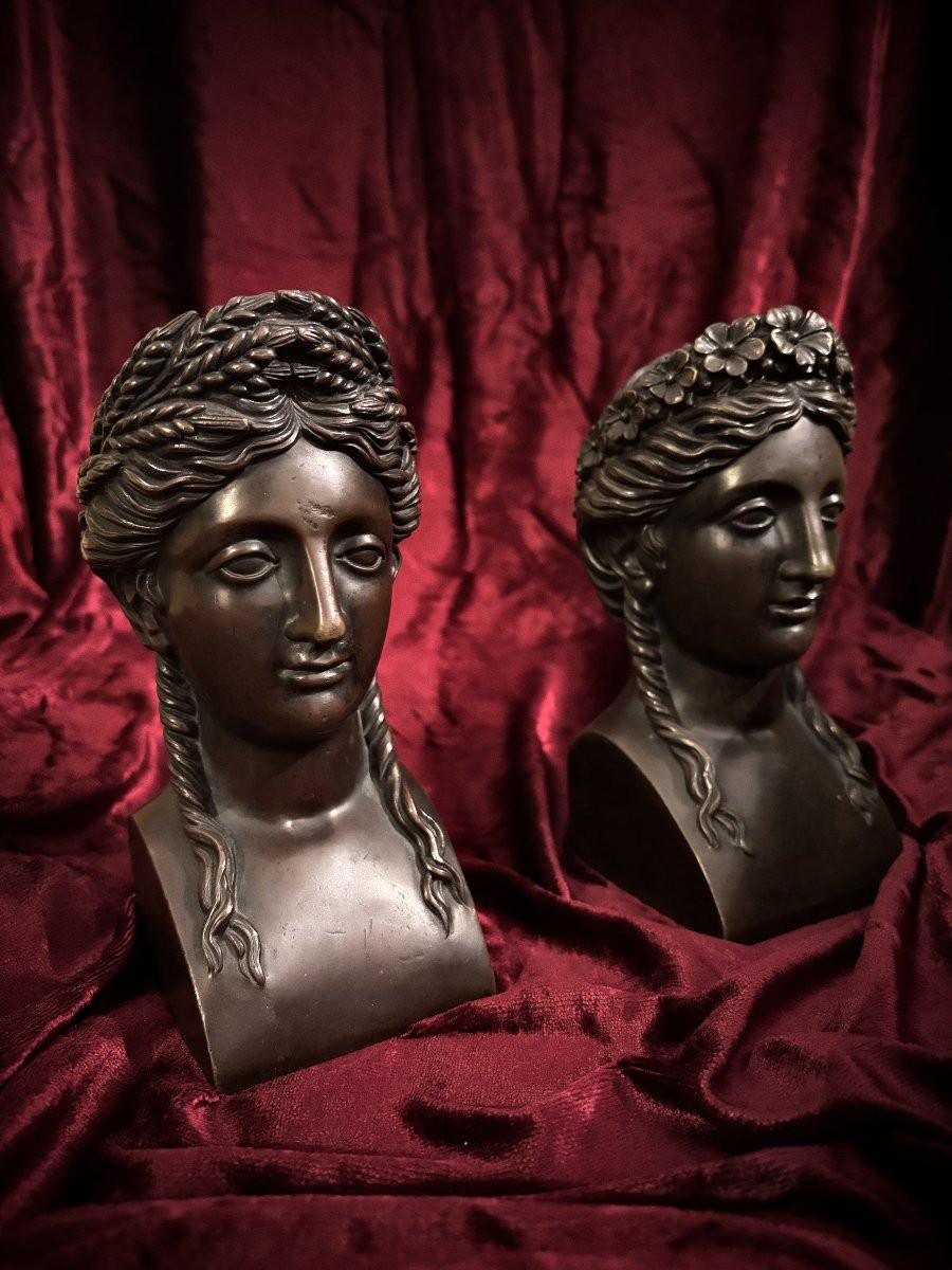Pair Of Bronze Busts Of Women In Antique Style, Empire Period-photo-2