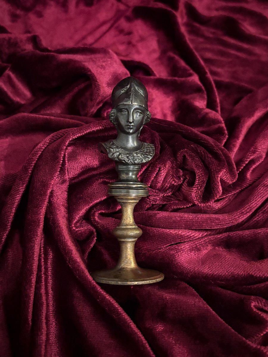 Petit buste d'Athéna en bronze à patine brune sur socle en bronze doré, XIXe siècle-photo-2