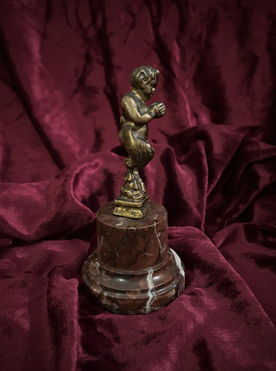Gilt Bronze Statuette Of A Musical Faun On A Marble Base, 19th Century-photo-2