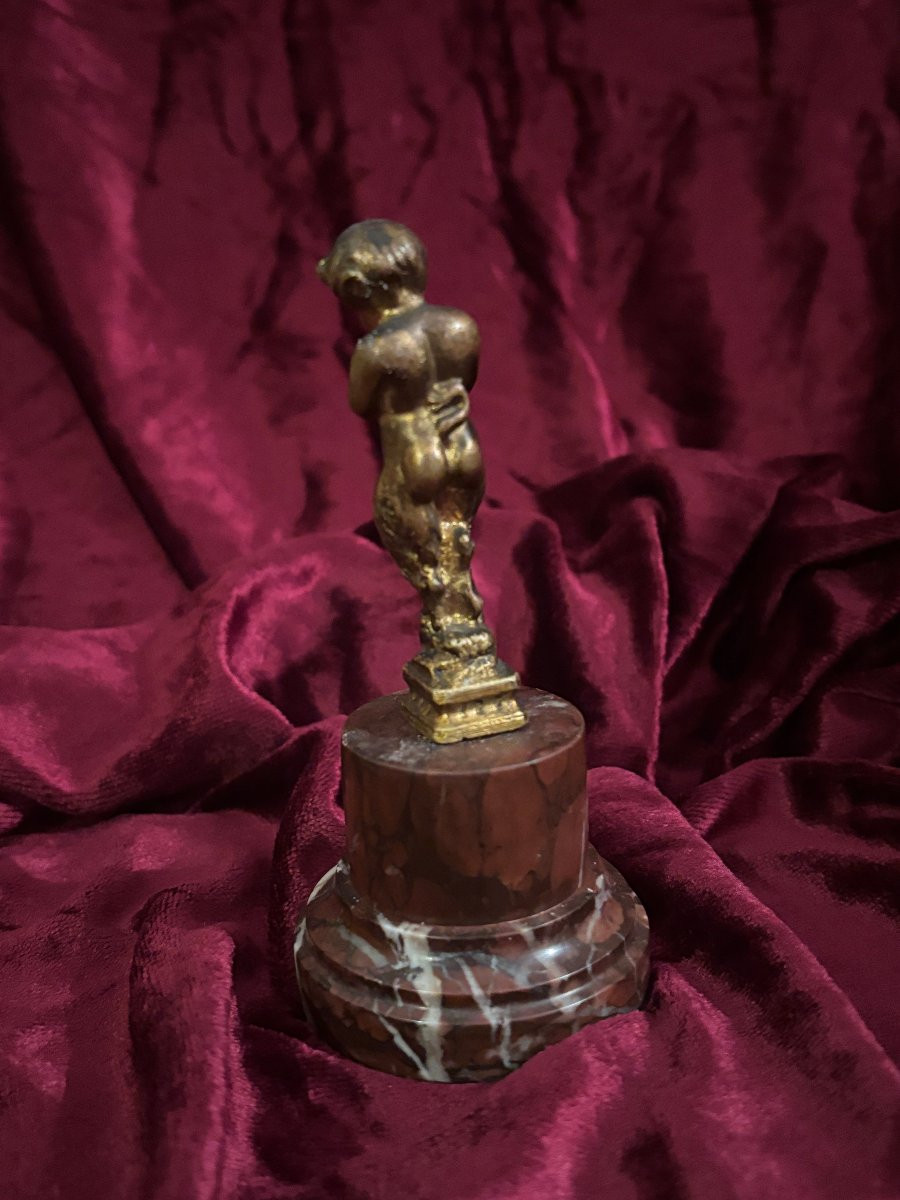 Gilt Bronze Statuette Of A Musical Faun On A Marble Base, 19th Century-photo-3