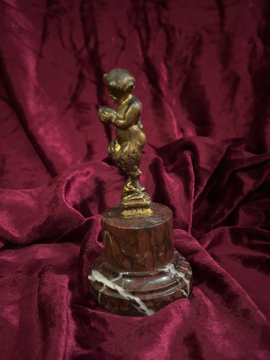 Gilt Bronze Statuette Of A Musical Faun On A Marble Base, 19th Century-photo-4