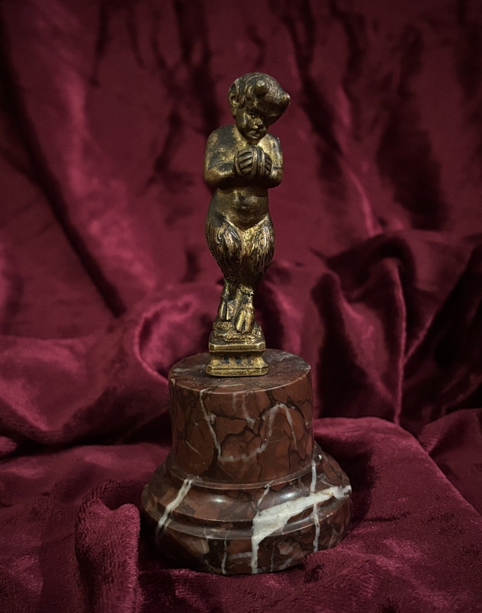 Gilt Bronze Statuette Of A Musical Faun On A Marble Base, 19th Century